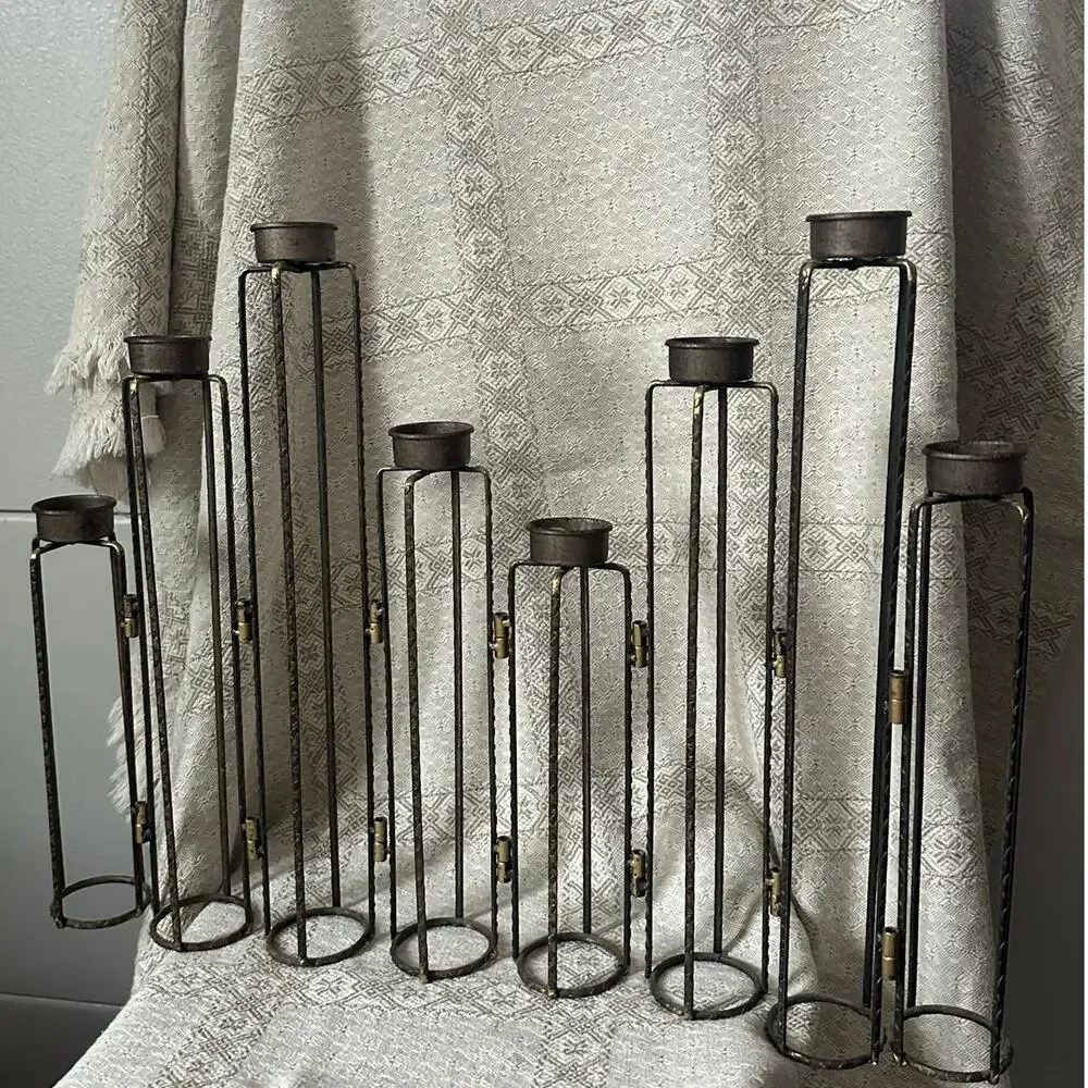 Vintage Brutalist Folding Wrought Iron Candelabra 8 Arm Tea Light Candle Holder